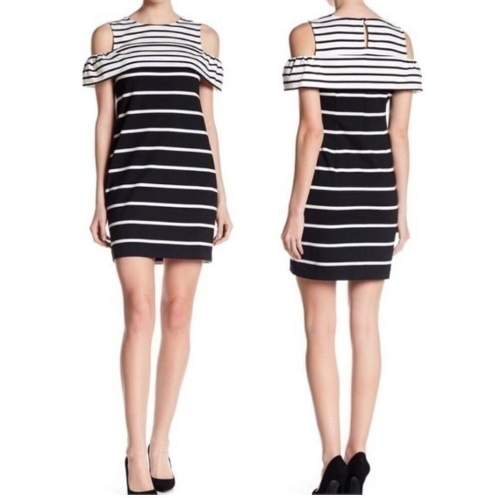 Vince Camuto Women's Cold Shoulder Striped Dress Black White Size 4 $138 Cute